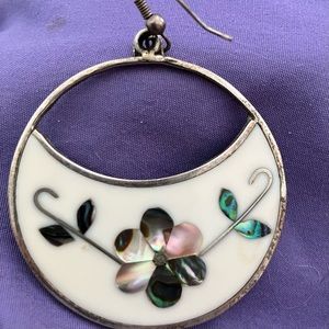 Vintage Mother of Pearl inlay, silver wash and enamel earrings with patina.